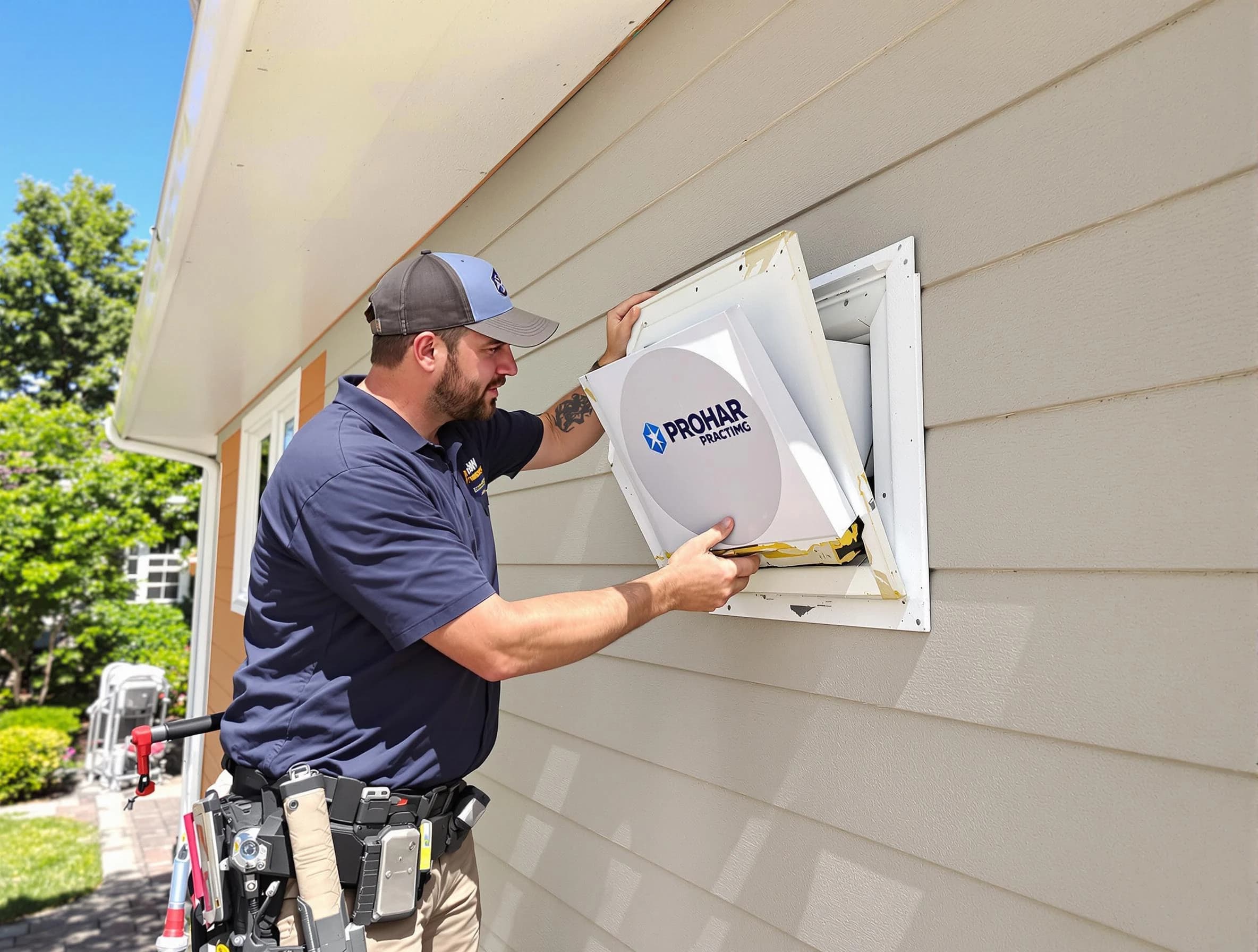 Woodlake Dryer Vent Cleaning technician installing a new protective dryer vent cover on a home in Woodlake