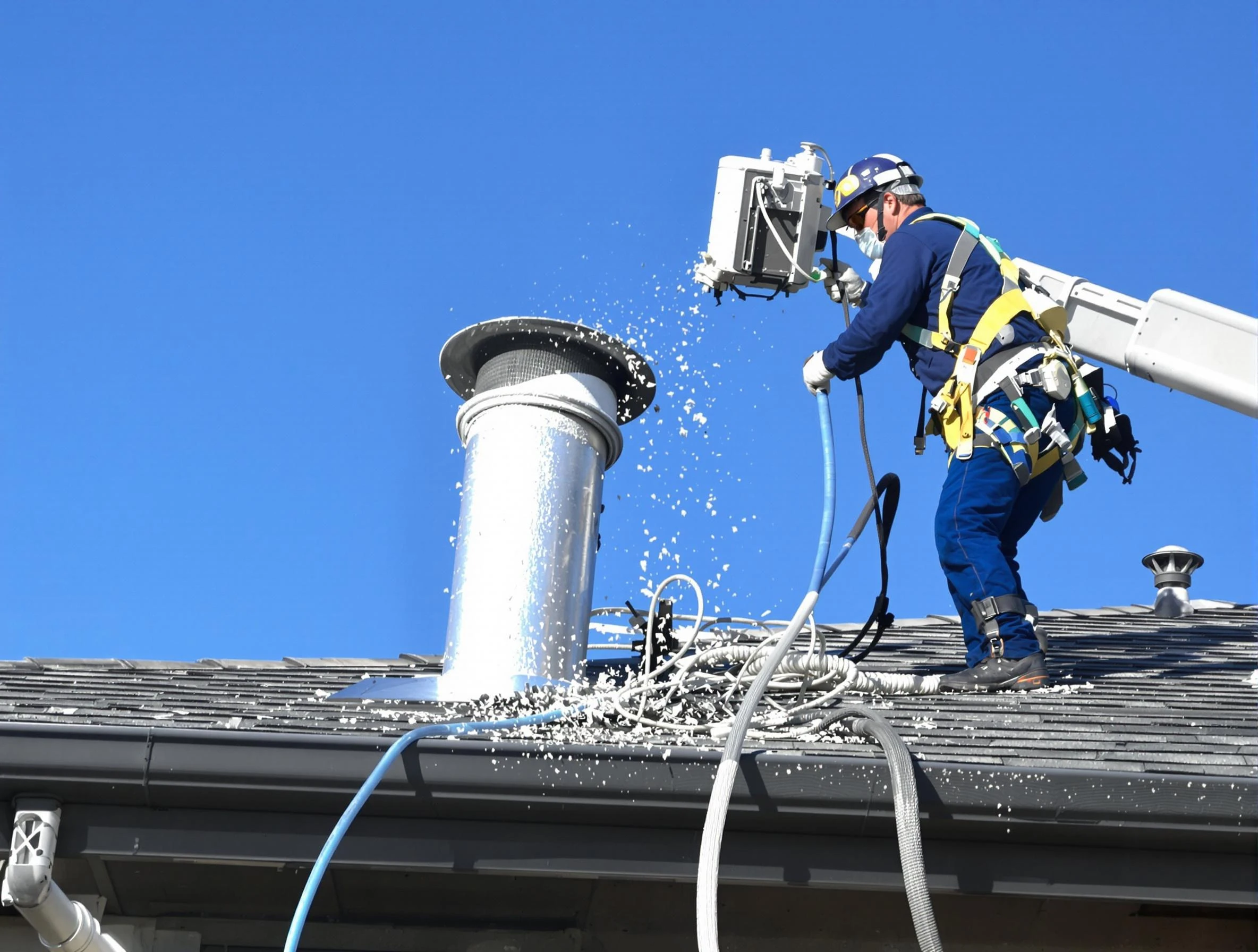 Woodlake Dryer Vent Cleaning certified technician safely cleaning a roof-mounted dryer vent in Woodlake
