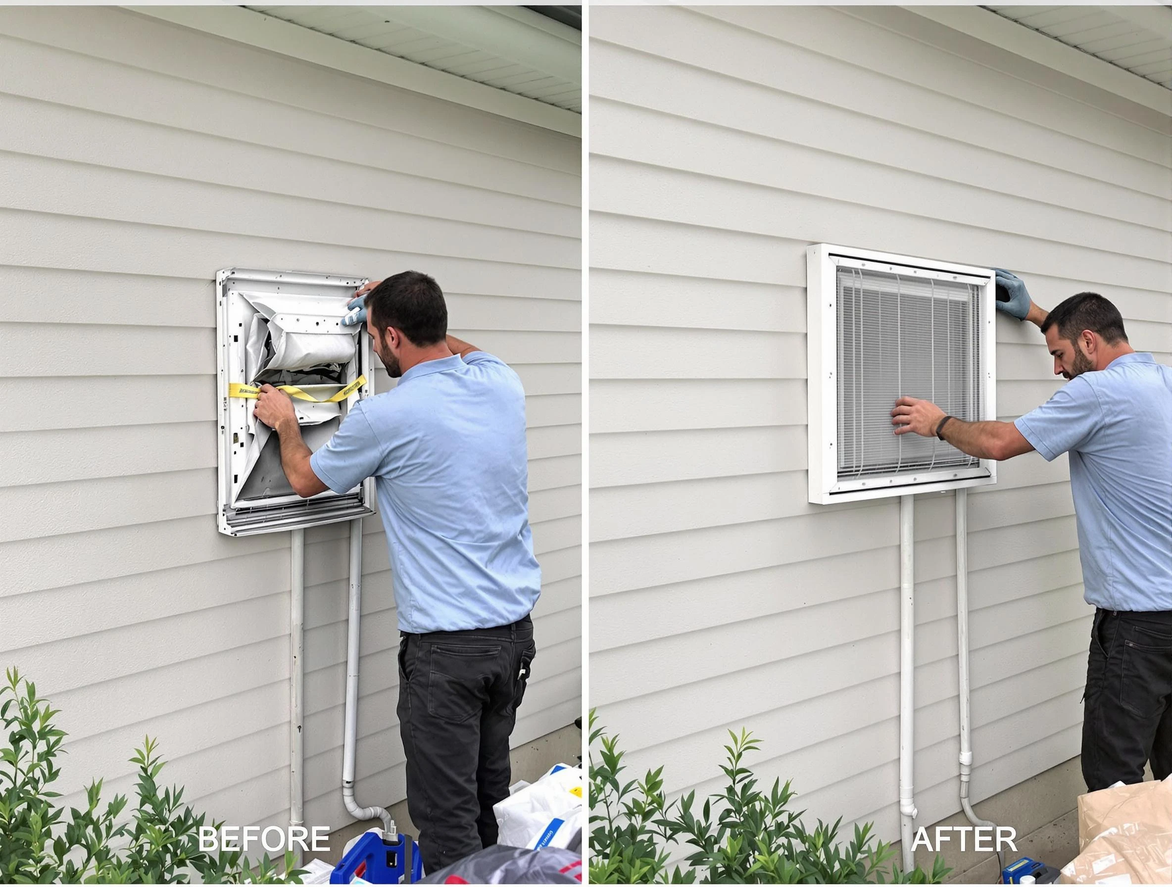 Woodlake Dryer Vent Cleaning technician installing high-quality dryer vent cover at a residential property in Woodlake